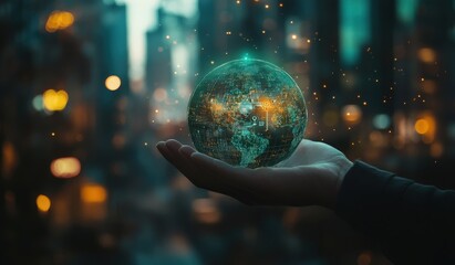 Fototapeta premium A person is skillfully holding a green globe in their hand, showing it off