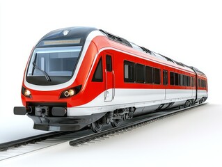 Red modern passenger train on tracks, white background, studio shot