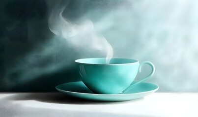 Fototapeta premium Steaming teal teacup, window light, tranquil scene, morning beverage