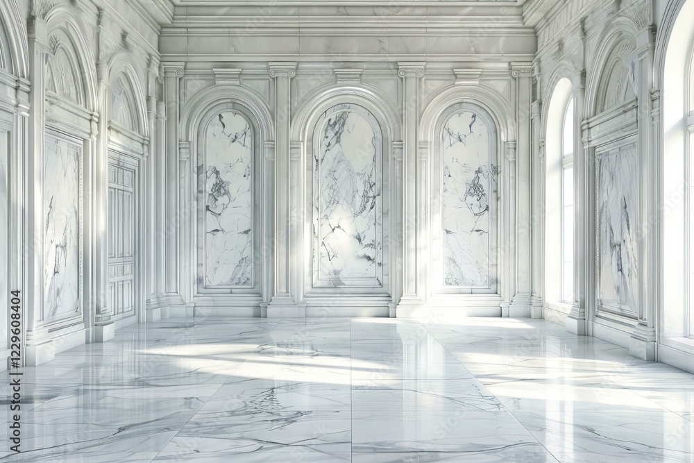 Poster sunlight illuminating empty hall with marble walls and floor in classical style