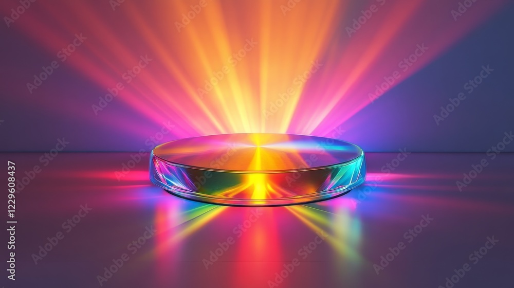 Poster radiant light beams burst from a glossy circular base, creating a vibrant display of colors. this ab