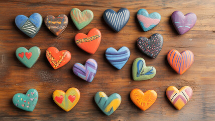 Fototapeta premium colorful heart clipart images scattered across a wooden desk with a cozy, homey ambiance,