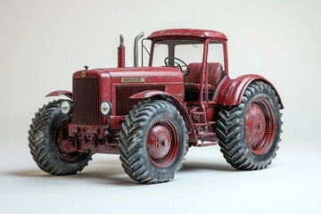 Red tractor, muddy tires, studio shot, plain backdrop, agricultural promo
