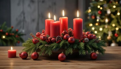 Rote Kerzen in einem Adventskranz auf einer Weihnachtsmöbel, kerzen, weihnachten, red candles
