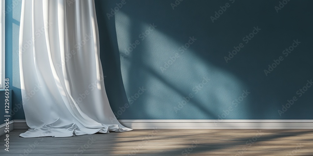 Poster a white curtain hangs in a window of an empty bluewalled room