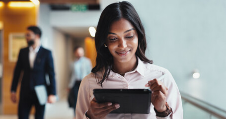 Office, lobby and business woman with tablet for report, schedule information or conference hall...
