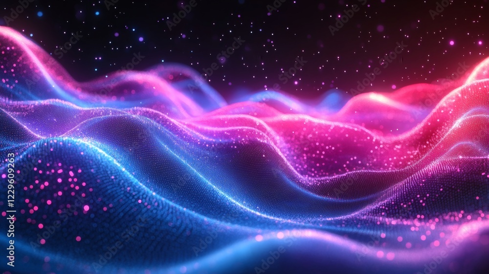 Poster abstract futuristic background glowing neon lines and wave effects in bright pink and blue creating 