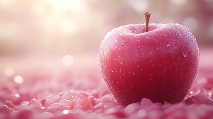 A stunning close-up of a shiny red apple with water droplets on it, set against a soft focus background.