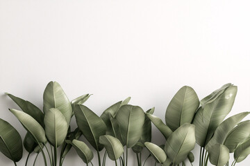 Lush green tropical leaves against clean white wall create serene atmosphere. This vibrant display of nature adds freshness and tranquility to any space