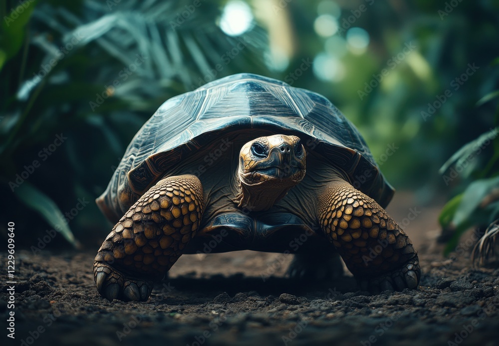Poster close-up of a turtle in a lush green environment with soft natural lighting highlighting its shell t