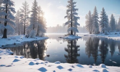 Frosty landscape with snow-covered trees and a frozen lake, cold weather, snowy forest, frozen lake