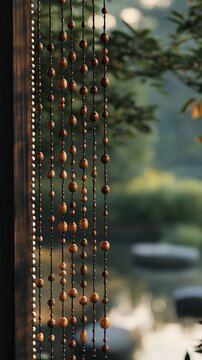 Wooden beaded curtain hanging in a window with view of outdoor.