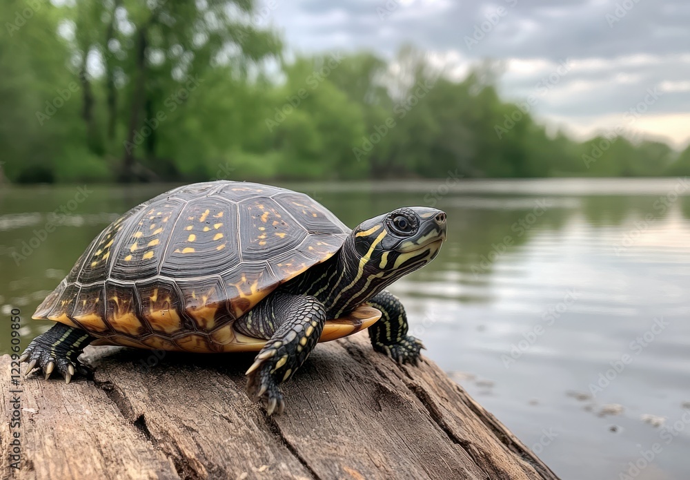 Poster close-up of a turtle resting on a log by a calm lake, surrounded by lush greenery and reflecting wat