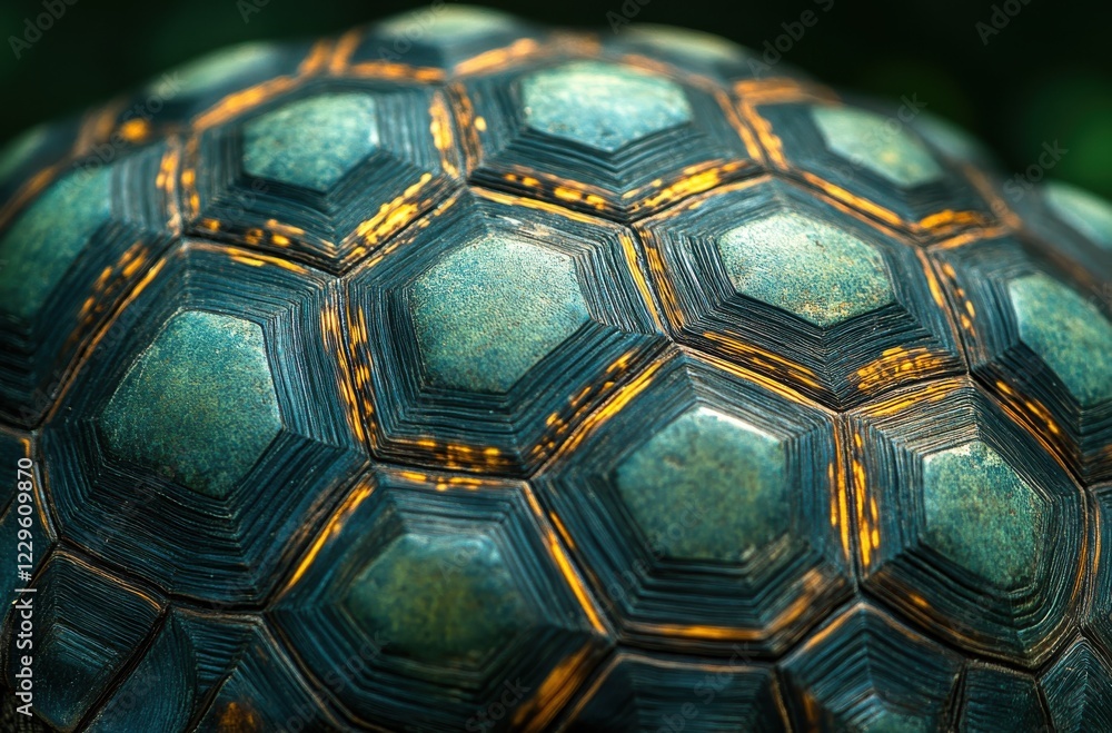 Poster close-up of a turtle shell showcasing intricate hexagonal patterns and vibrant colors in natural lig