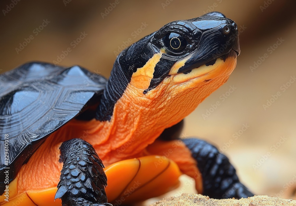 Poster close-up of a vibrant orange and black turtle highlighting its intricate shell patterns and facial f