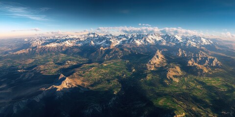 Aerial View of Majestic Snow-Capped Mountains and Verdant Valleys