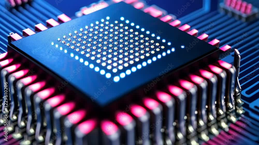 Poster a close-up of a microchip on a blue circuit board, showcasing intricate connections and illuminated 