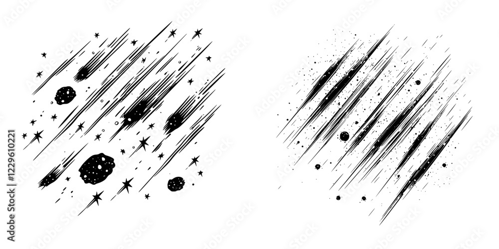 Poster abstract patterns depicting celestial objects and streaks on a white background, showcasing artistic