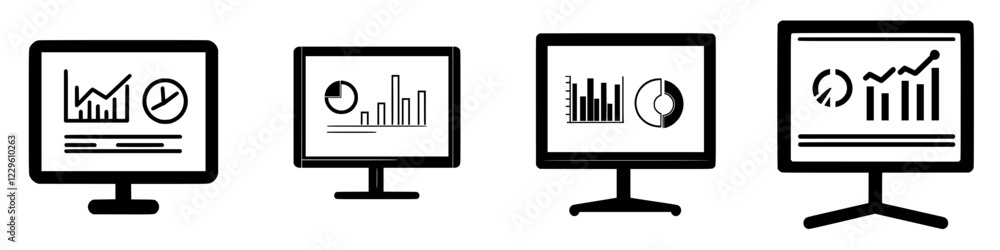 Poster data visualization tools for business analysis displayed on multiple computer screens in a modern wo