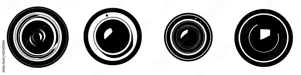 Poster various camera lens designs showcasing unique patterns and shapes in monochrome art style