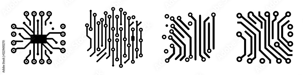 Poster different designs of circuit board patterns in black and white showcasing intricate line work and sy