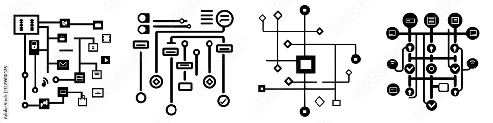Poster formation of abstract black and white geometric patterns showcasing digital connection and data flow