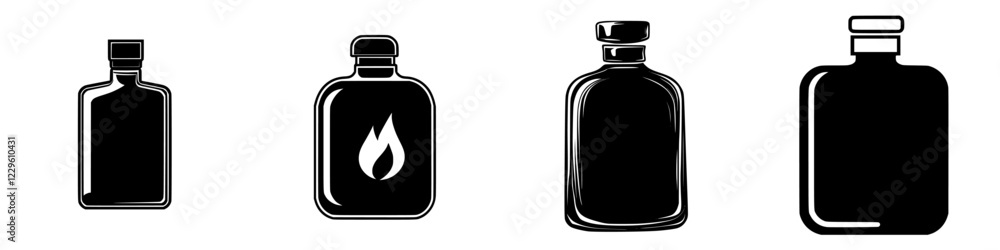 Poster different styles of black bottles with various designs displayed on a plain background
