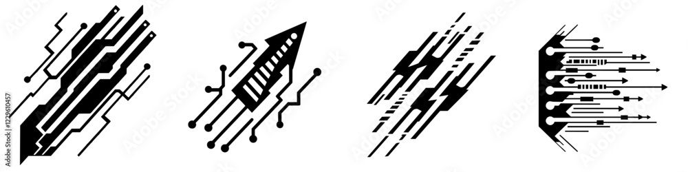 Poster abstract black and white graphic elements showcasing dynamic arrows and lines