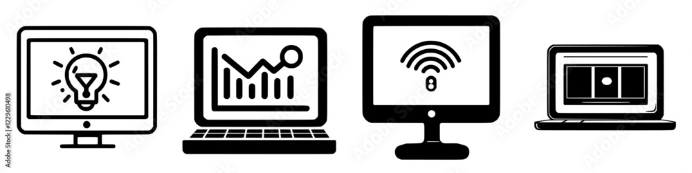 Poster collection of computer icons representing ideas, data analysis, security, and digital interaction in