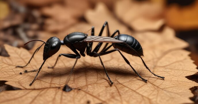 Full-body view of large black winged ant on a dry leaf , insect, entomology, leaf