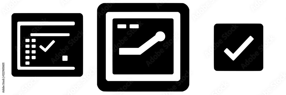 Poster unique black and white graphic icons depicting approval and checkmarks in software interfaces
