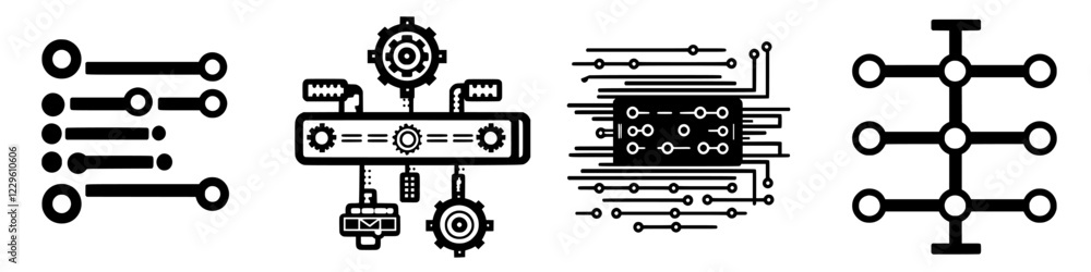 Poster graphic design elements showcasing abstract technology and circuit patterns in black and white