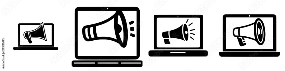 Poster loudspeaker icons displayed on multiple computer screens symbolizing digital communication and annou