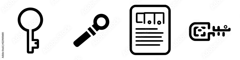 Poster collection of simple key and document icons representing security, information, and accessibility in