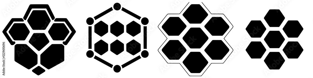 Poster geometric pattern design featuring interconnected hexagons in various styles and colors against a wh
