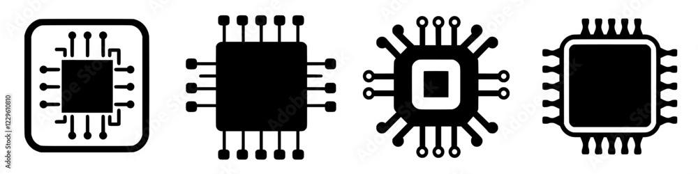 Poster collection of simplified microchip designs showcasing various configurations and symbols relevant to