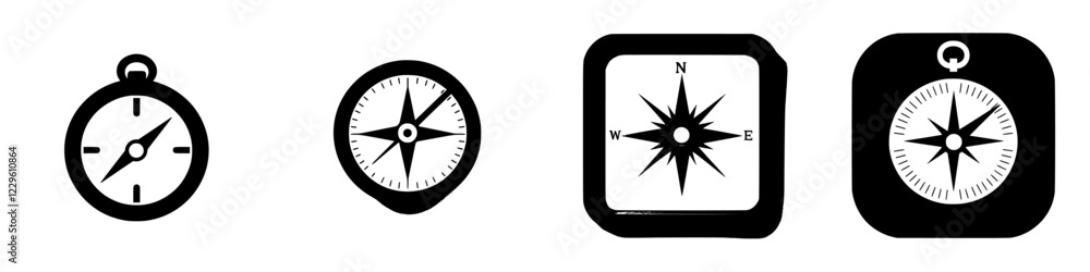 Poster collection of four distinct compass designs illustrating navigation concepts in modern graphics