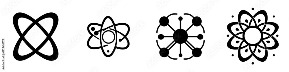 Poster various abstract atomic symbols representing concepts in science and research with a modern design a