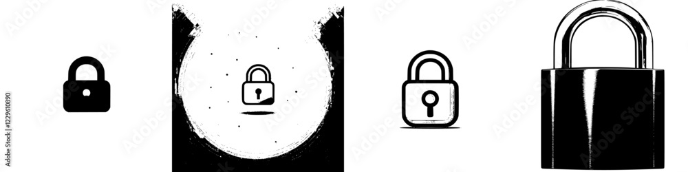 Poster collection of padlock icons showcasing different styles and designs on a simple background