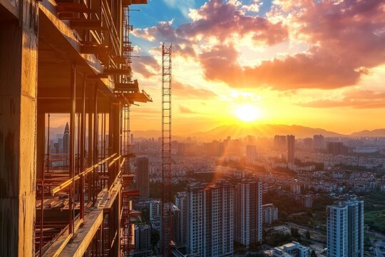 construction site and sunset , structural steel beam build large residential buildings