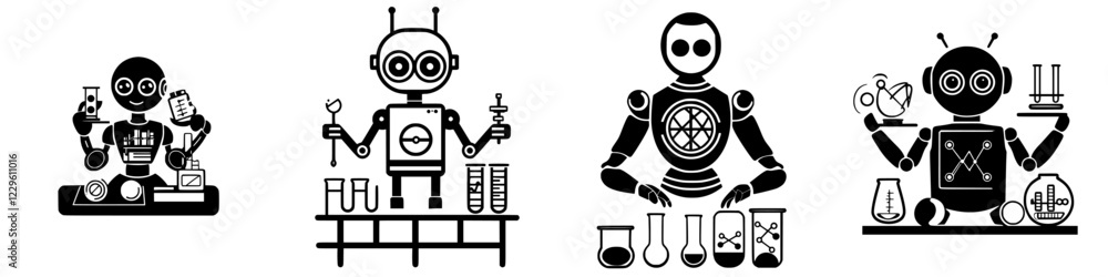 Poster robots engaged in scientific experiments and activities in a laboratory setting showcasing creativit
