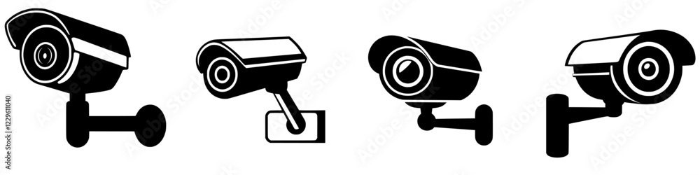 Aufkleber surveillance cameras in various styles and positions capturing security features in urban environmen