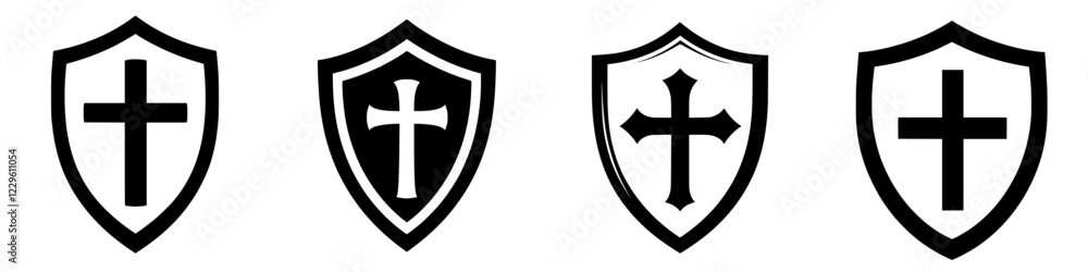 Poster various designs of crosses displayed on shields showcasing different styles and color schemes