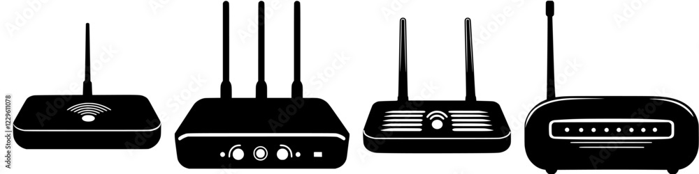 Poster various models of wireless routers displayed together showing different designs and features