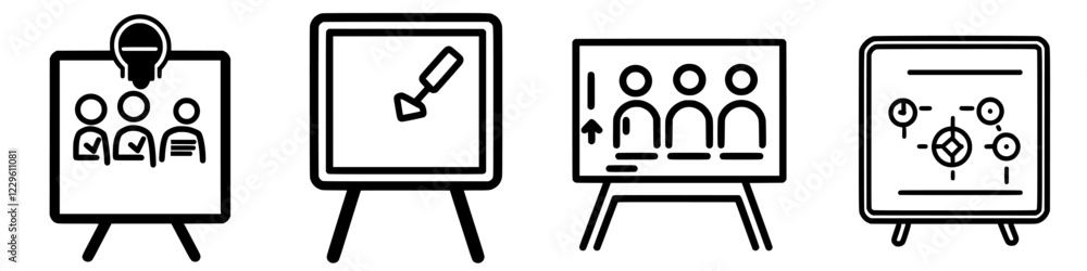 Poster various presentation boards displaying concepts of teamwork, ideas, growth, and data analysis used i