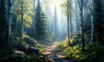 Fototapeta premium Sunlit Forest Path, Misty Morning, Stone Trail, Game Background
