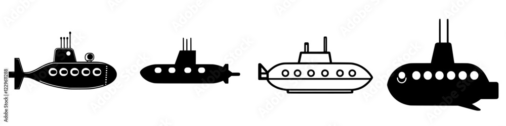 Poster different types of submarines illustrated in a linear style with simple black and white design