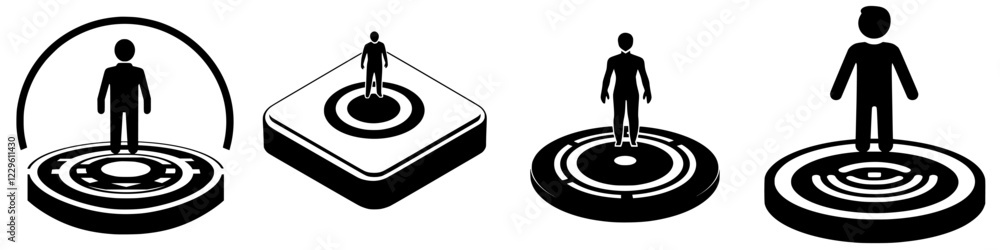 Poster various minimalist human figures on abstract circular bases representing themes of identity and inte