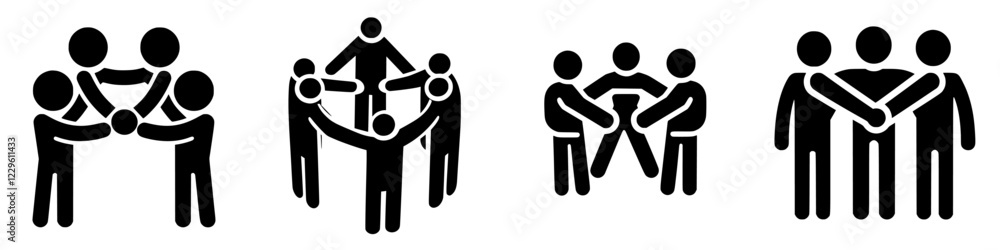Poster collaborative teamwork icons showcasing group interaction and support in various settings