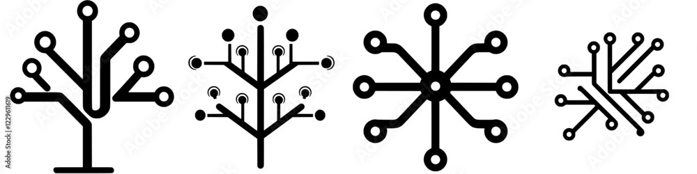 Poster abstract designs representing trees and snowflakes highlighted in black and white on a simple backgr